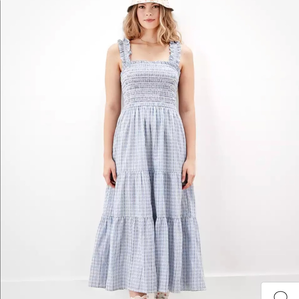 Blue floral tiered aerie midi maxi dress flowy boho light weight summer smocked